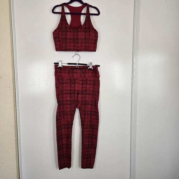 Outdoor Voices Move Free Red Legging Bra Pomegranate Red Plaid Compression Set M - Picture 3 of 17